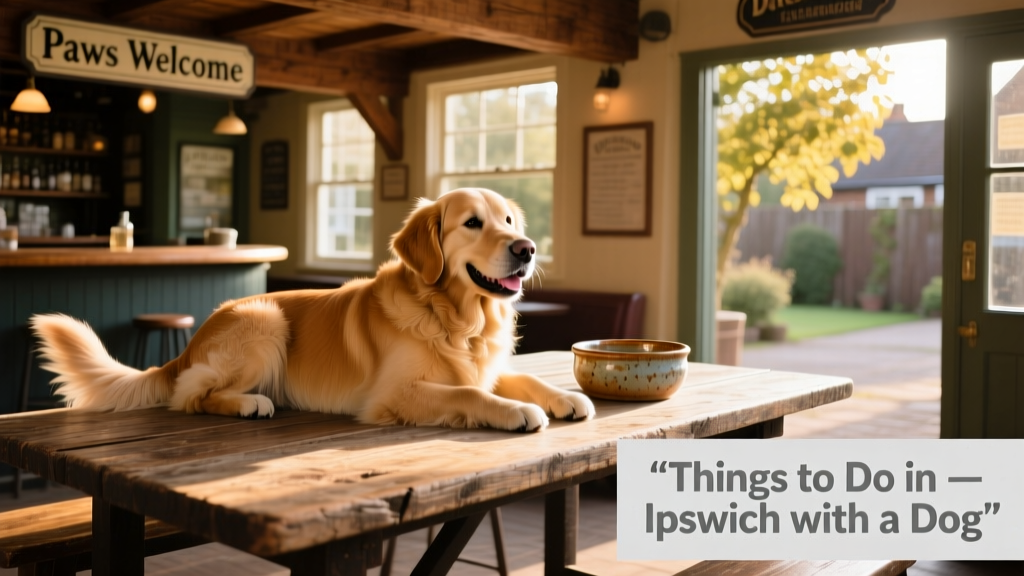 A happy dog resting under a wooden pub table, tail visible, with a water bowl nearby