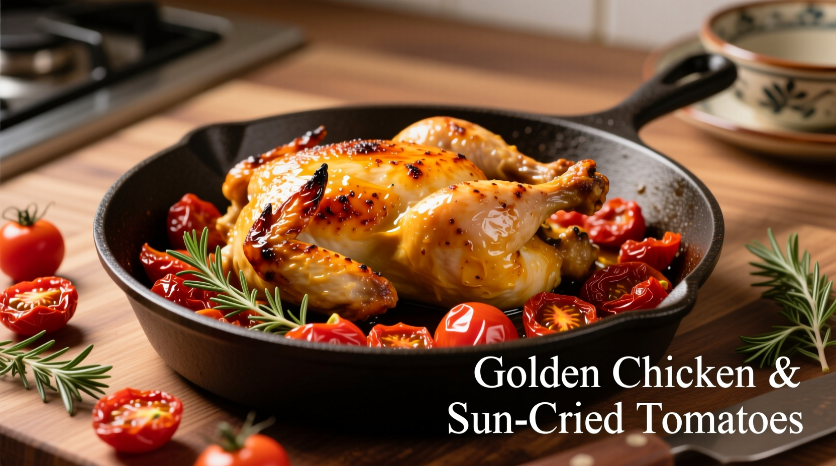 Golden chicken with vibrant red sundried tomatoes in skillet