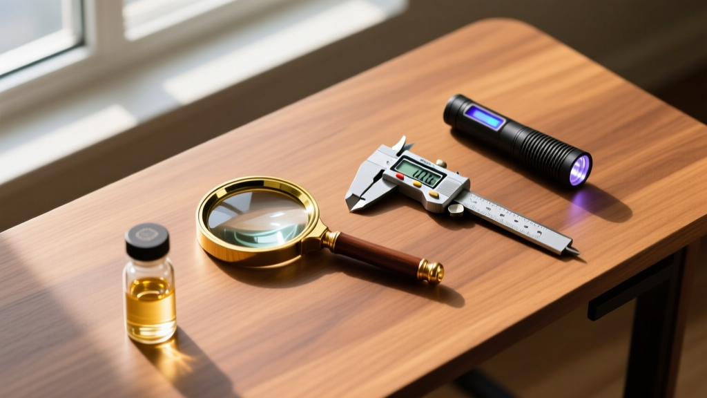 Overhead view of an estate jewelry buying kit with a 10x loupe, digital caliper, UV flashlight, and gold acid on a wooden desk