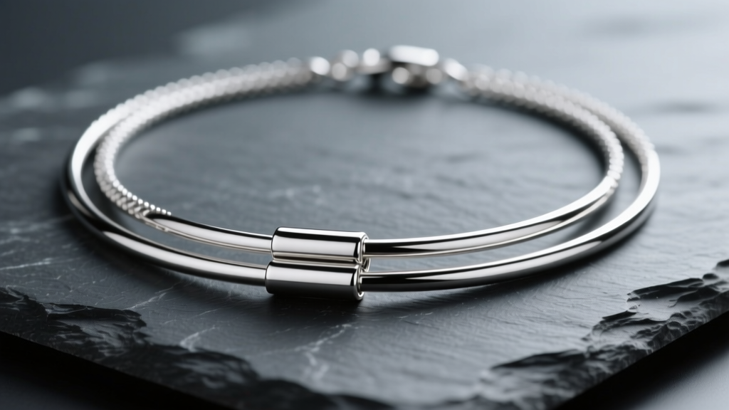 Close-up of a draped three-strand sterling silver necklace with a polished tube clasp on dark slate, highlighting metal luster.