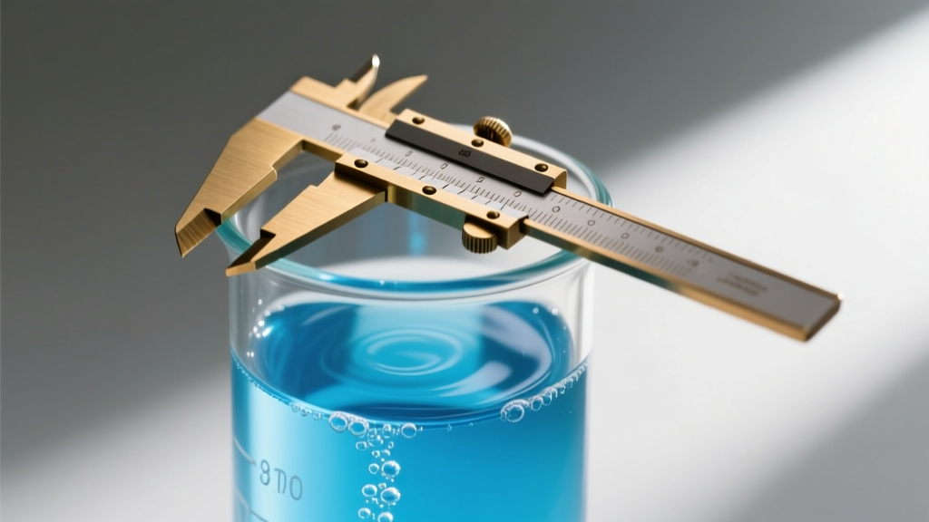 Macro shot of a glass beaker containing clear blue ammonia-based jewelry cleaning solution with brass calipers resting on the rim