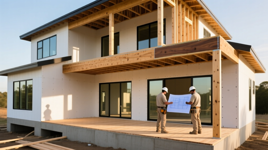 Modern two-story 3000 square foot home under construction with exposed timber framing and builders reviewing blueprints on site