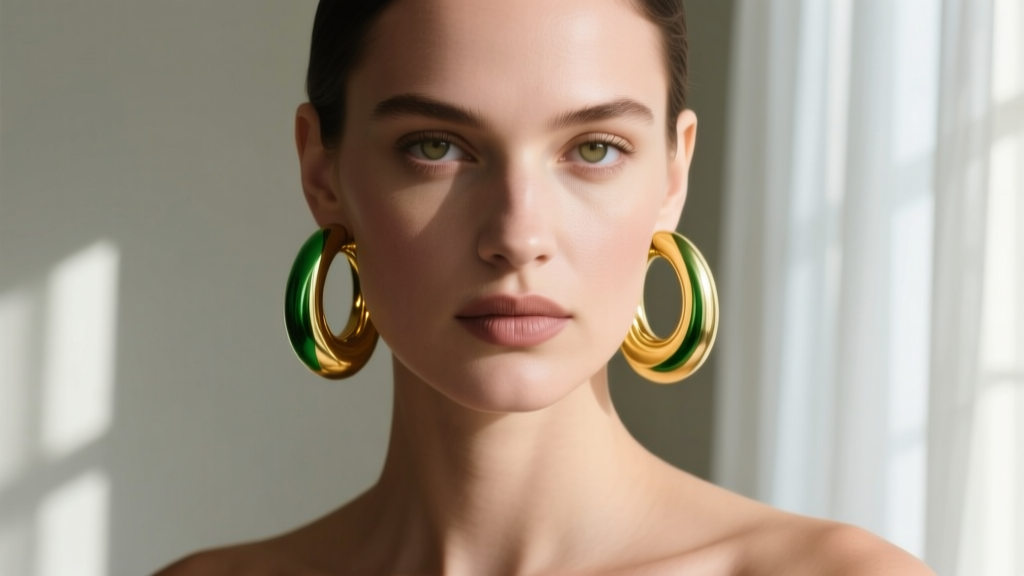 Model wearing thick 14k green gold huggie hoops, highlighting the warm olive-gold reflection under soft, natural window lighting.