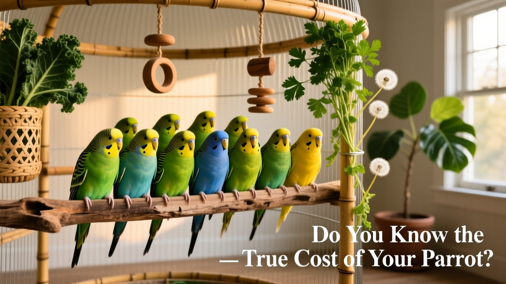 A vibrant flock of parakeets perched together on a natural wood perch inside a spacious, well-appointed cage with toys and fresh greens