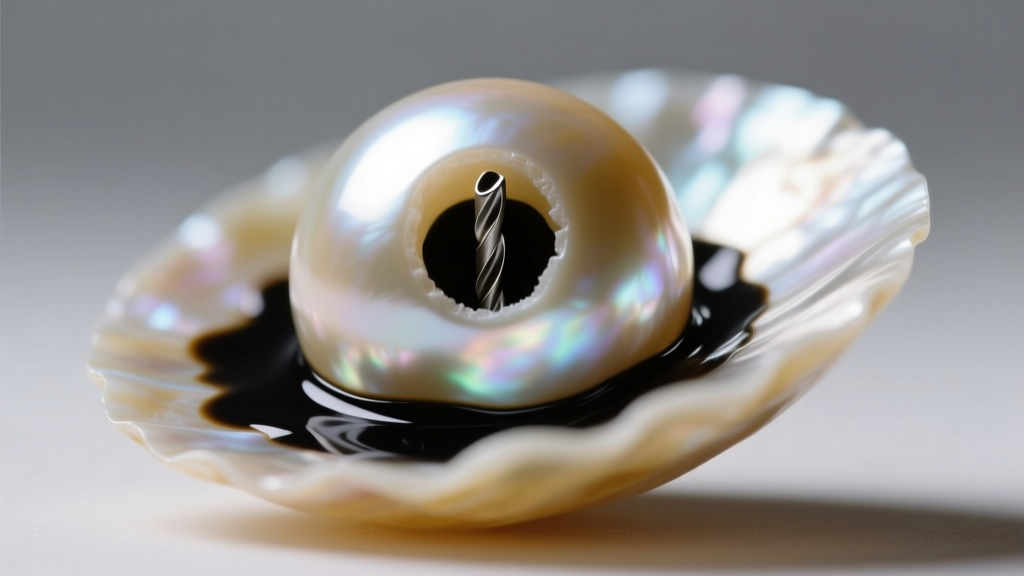 Macro shot of a dyed pearl drill hole revealing dark dye concentration and uneven color pooling near the nacre edge of the bead
