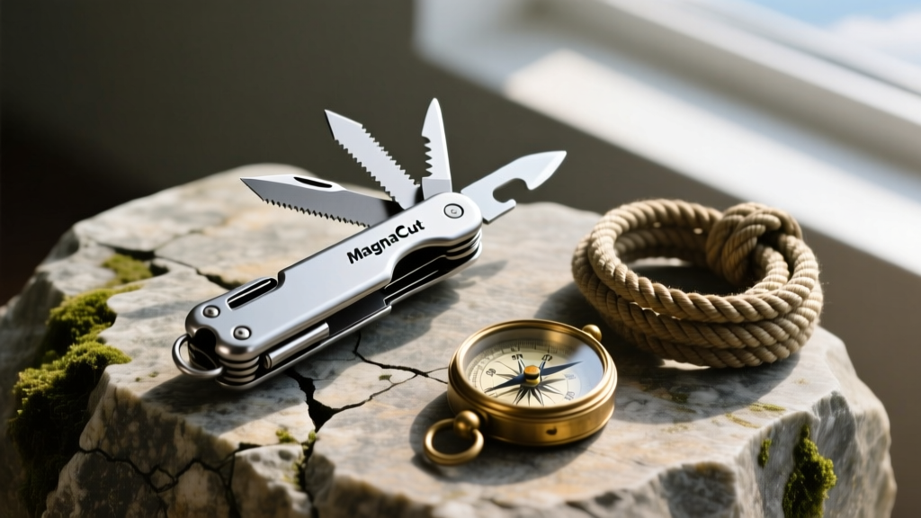 A sleek MagnaCut steel multi-tool partially unfolded, resting on a weathered granite boulder next to a coil of paracord and a brass compass.