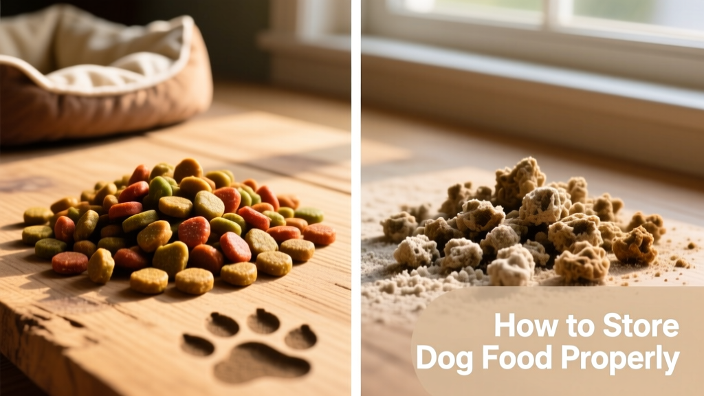 Side-by-side comparison showing fresh kibble versus stale, discolored kibble with visible clumping and dust