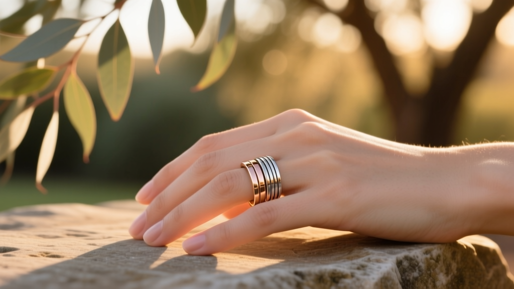Elegant hand wearing stacked thin titanium and rose gold promise rings on the right ring finger outdoors in golden hour