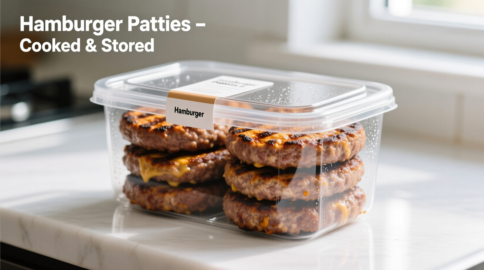 Properly stored cooked hamburger patties in airtight container