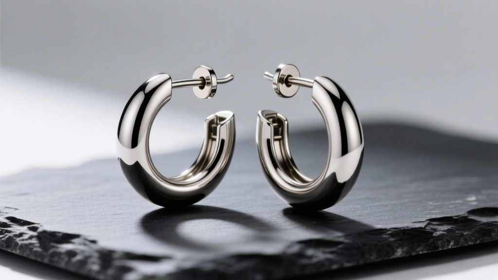 Polished titanium dormeuse sleeper hoop earrings resting on dark slate, soft studio lighting highlighting the secure hinged clasp.