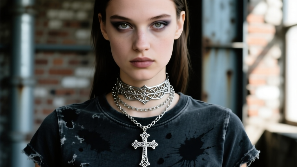 Close-up portrait of a model wearing a layered Anna Sui silver gothic cross choker and filigree chain over a dark grunge t-shirt