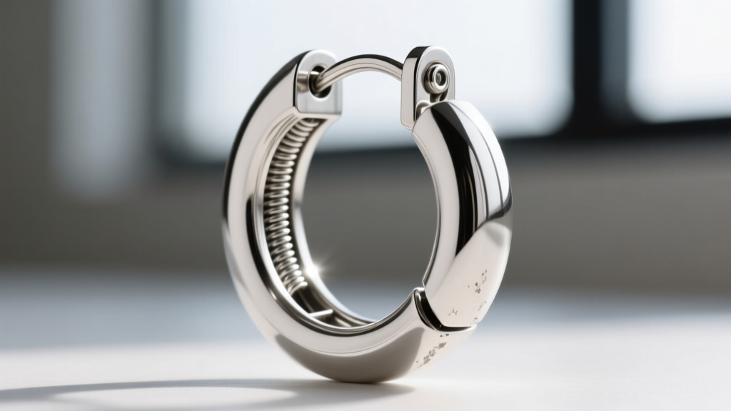 Detailed view of a heavy sterling silver hoop earring latch-back closure mechanism highlighting the wire gauge and hinge joint