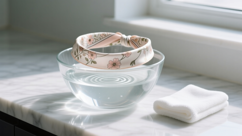 A delicate silk bandana choker soaking in a clear glass bowl of cool water and mild detergent, with a microfiber cloth nearby.