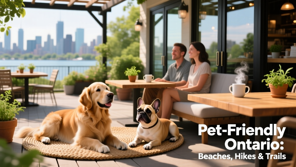 A sunny outdoor patio with dogs resting beside their owners at a bustling Toronto restaurant
