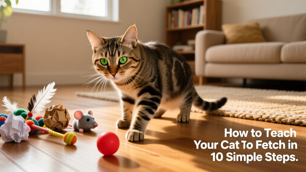 A curious tabby cat watching a small toy ball on the floor, ready to pounce