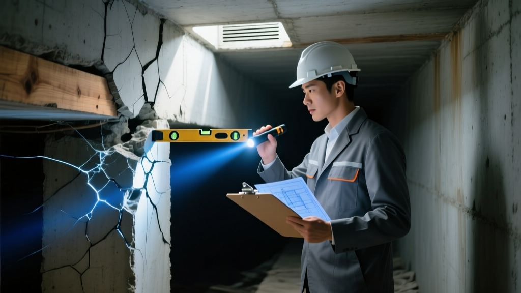 Structural engineer inspecting a cracked concrete pier and beam foundation with a laser level and clipboard in a dimly lit crawl space