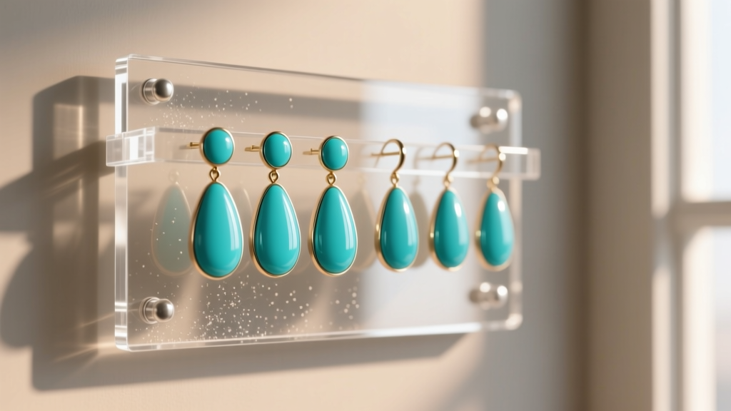 Clear acrylic wall mounted earring organizer holding turquoise drops, showing static dust on the smooth and reflective surface.