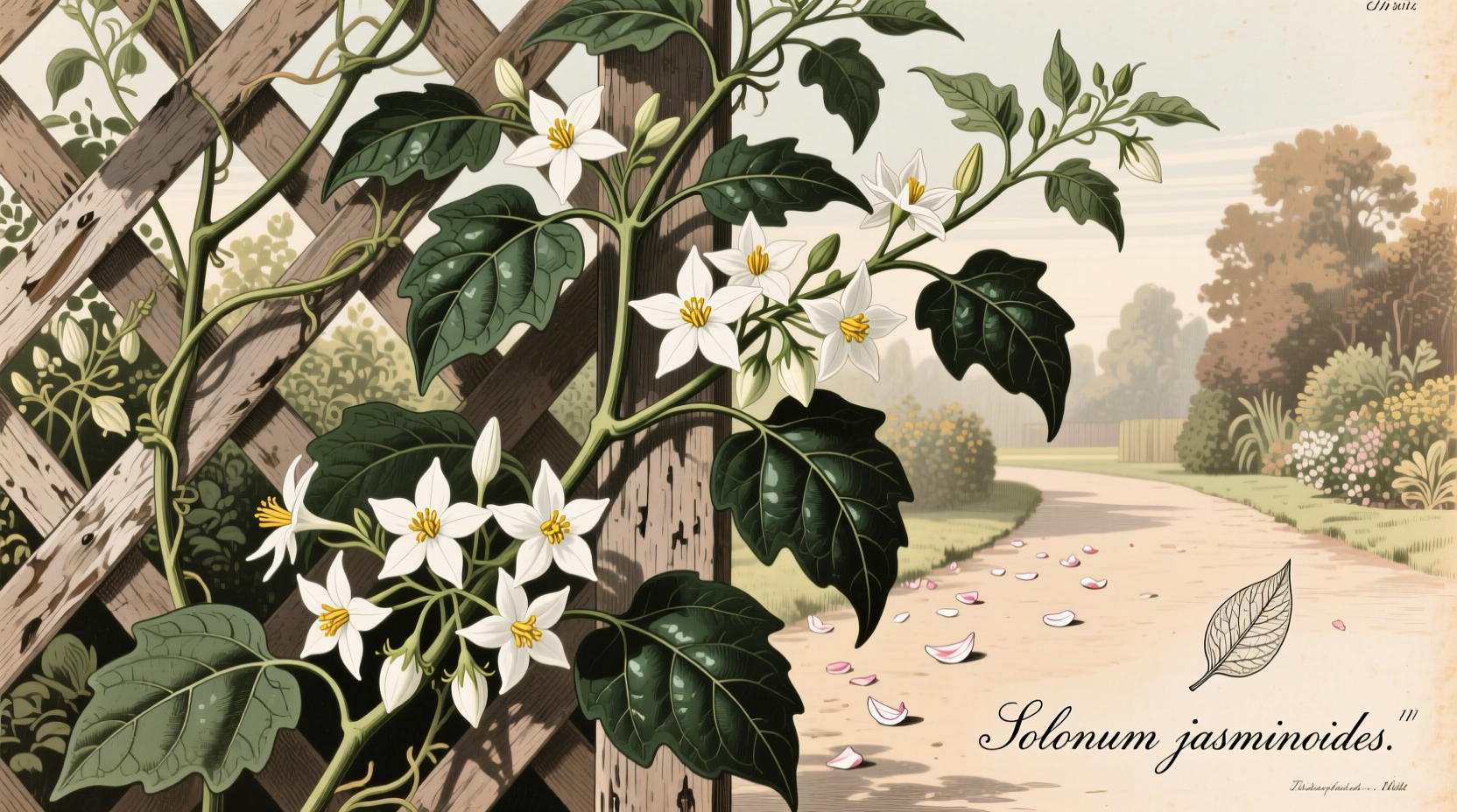 Solanum jasminoides flowering vine on garden trellis