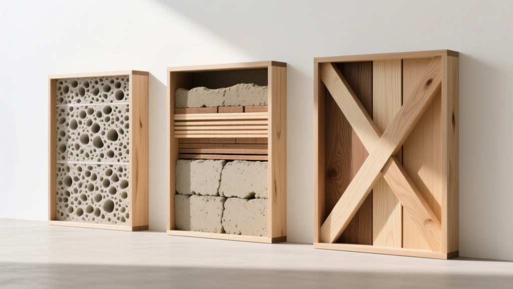 Cross-section display of hempcrete, rammed earth, and cross-laminated timber wall assemblies with eco-friendly wood cladding