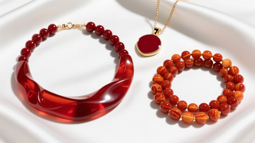 Overhead flat lay of chunky red necklaces: cherry resin, oxblood enamel on brass, and polished carnelian beads on white silk.
