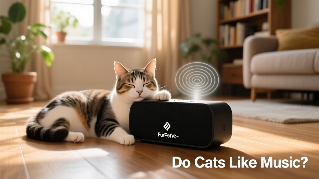 A cat resting peacefully beside a FurPetVo-branded speaker emitting soft, low-frequency tones