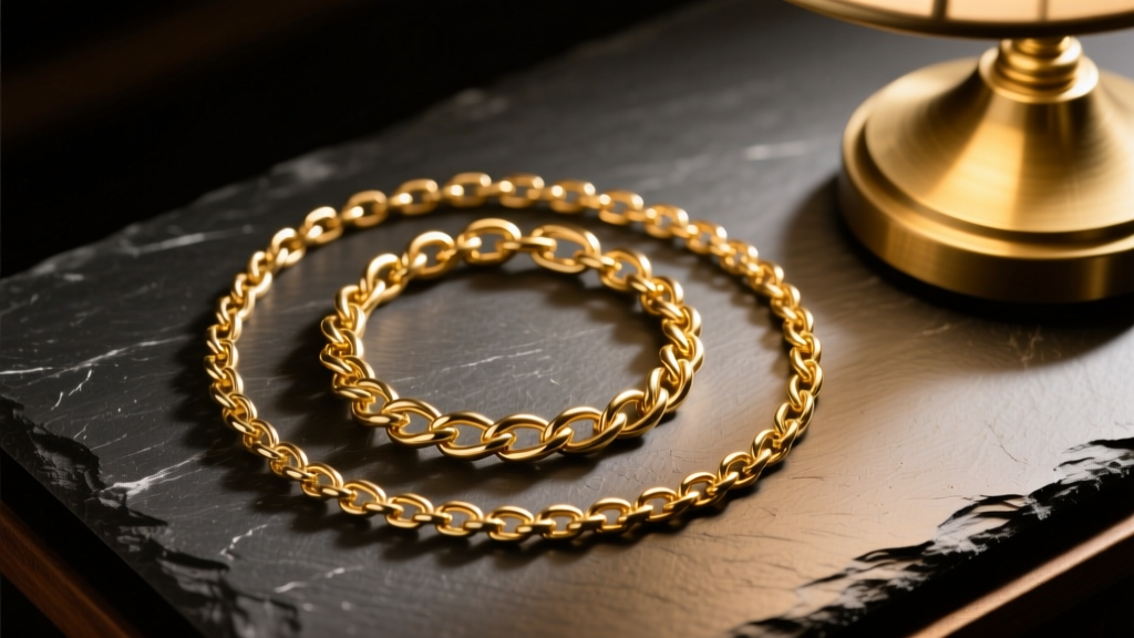 Overhead view of three delicate 14k gold chains heavily tangled together on a dark slate surface, illuminated by a warm desk lamp.