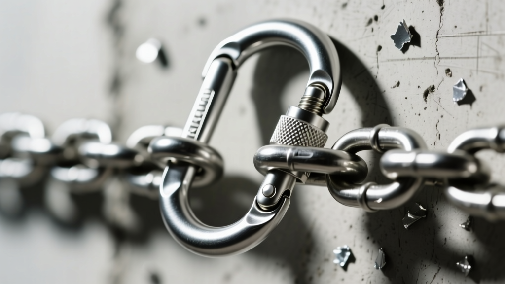Close-up of a locking carabiner clasp on a thick 10mm stainless steel goth chain, highlighting the secure screw-lock mechanism