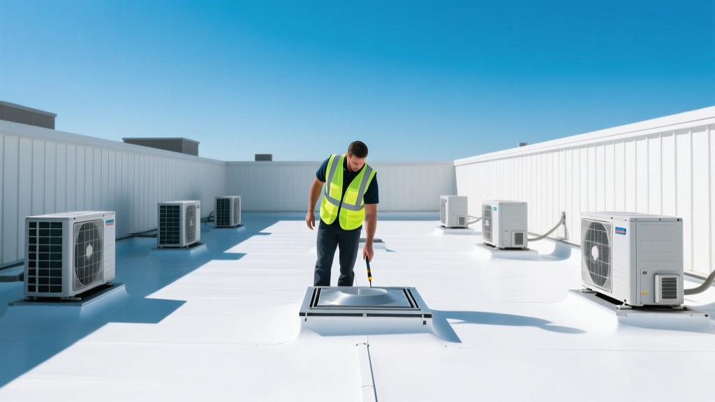 Commercial roofing contractor inspecting a white TPO membrane roof with HVAC units and parapet walls under clear blue sky
