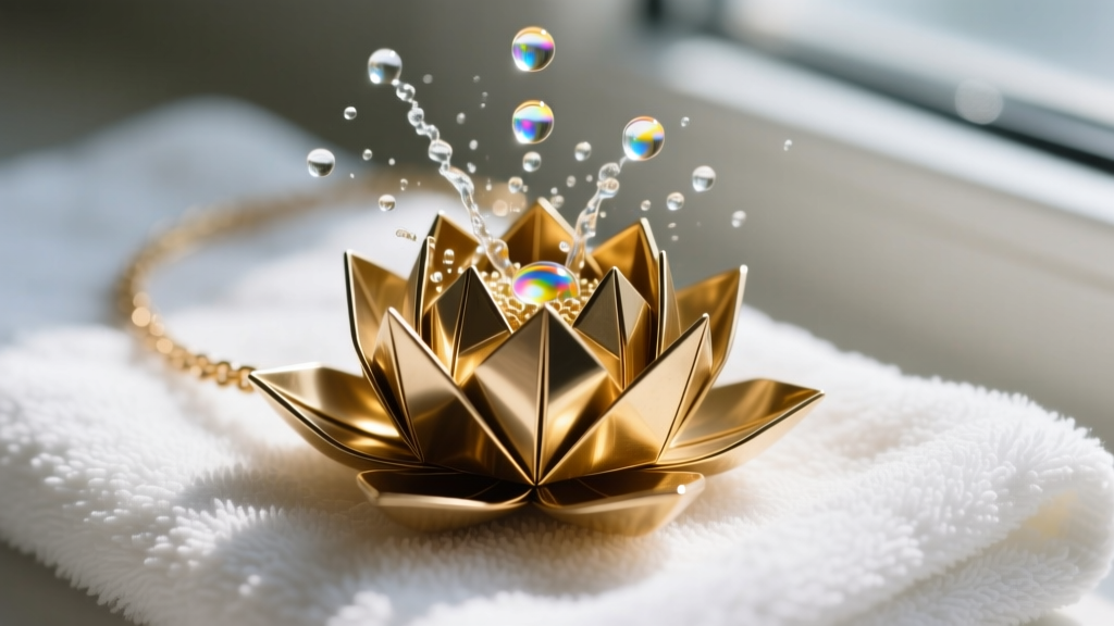 Compressed air blowing water droplets out of deep vertices of a brass origami lotus necklace resting on a clean microfiber towel.