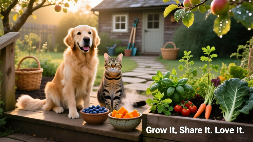 A happy dog and cat sitting side-by-side beside a small herb and vegetable garden, with bowls of blueberries and steamed pumpkin nearby