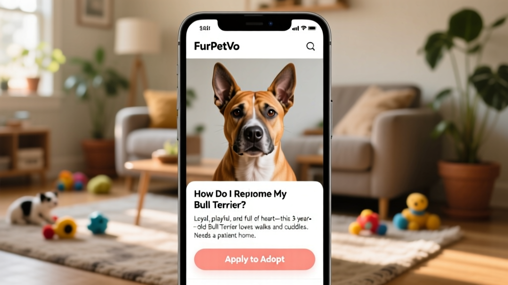Screenshot of a FurPetVo listing showing a Bull Terrier's photo, bio, and 'Apply to Adopt' button
