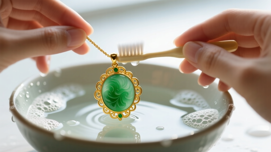 Macro shot of hands gently brushing a gold and jade pendant with an extra-soft toothbrush in a bowl of lukewarm soapy water.