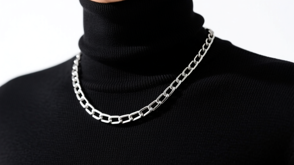 A 2.5mm sterling silver box chain draped over a black turtleneck, highlighting square geometric links catching soft studio light.