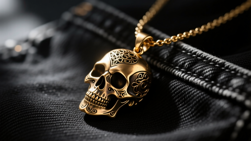 Macro photography of a Hysteric Glamour brass skull necklace pendant resting on black denim, highlighting intricate casting details.