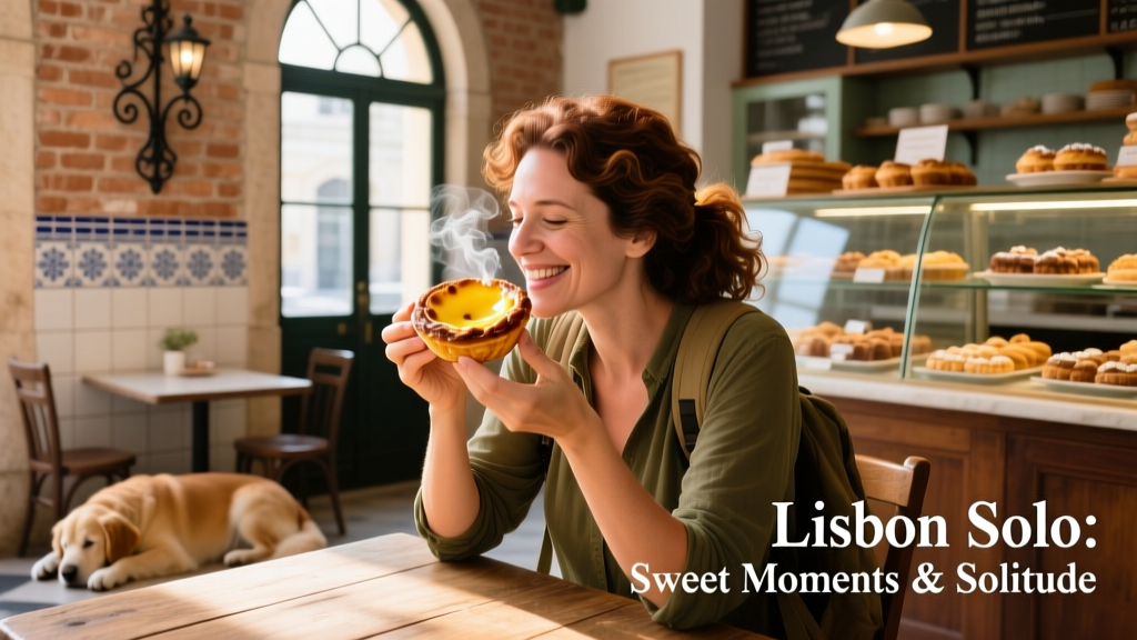 A solo female traveler enjoying a freshly baked pastel de nata at a traditional bakery in Belém
