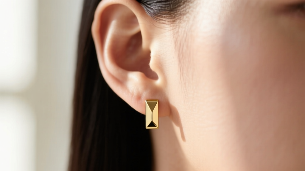 Close-up of a womans earlobe wearing a sleek 14k gold horizontal bar stud earring, softly lit against a blurred minimalist background