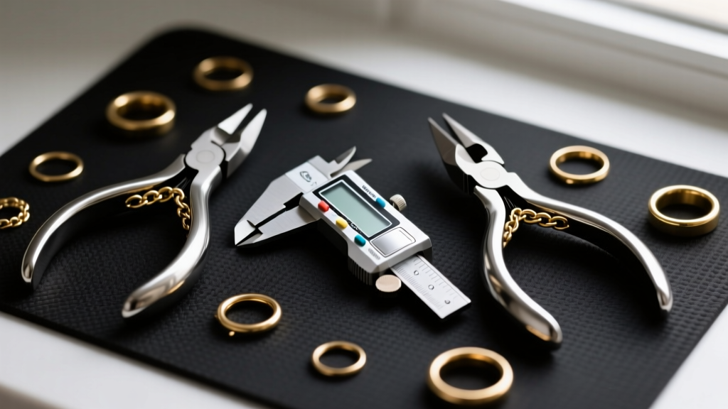Flat lay of jewelry tools with two pairs of smooth chain-nose pliers, brass jump rings, and a digital caliper on a dark work mat.