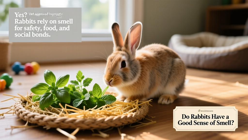 Rabbit exploring a foraging mat filled with fresh herbs and hay