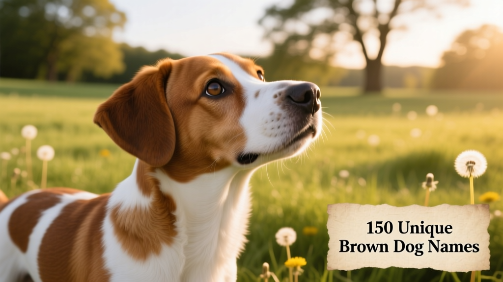 A brown and white dog tilting its head curiously to one side