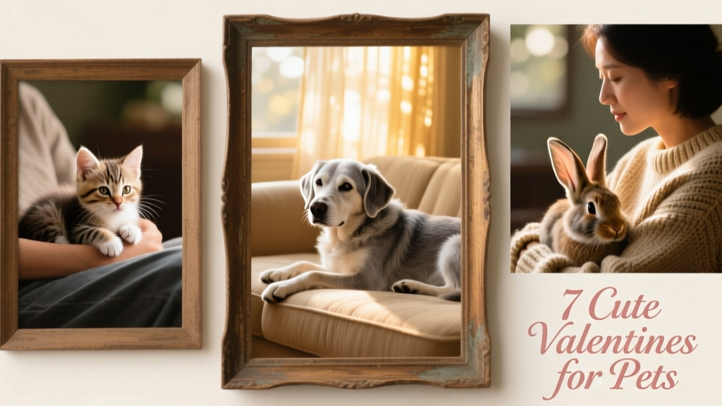 A collage of three framed photos: a senior dog resting on a couch, a kitten curled in a lap, and a rabbit nestled beside its owner