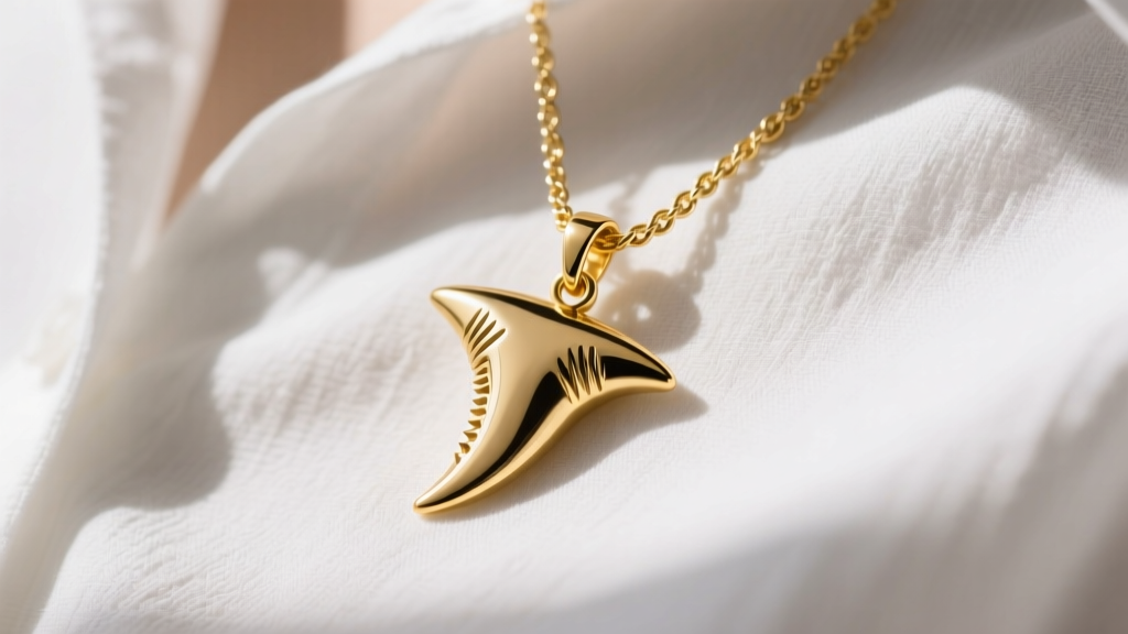 Gold rope chain threaded through a hidden bail on a polished gold shark tooth pendant, resting against a crisp white linen shirt.