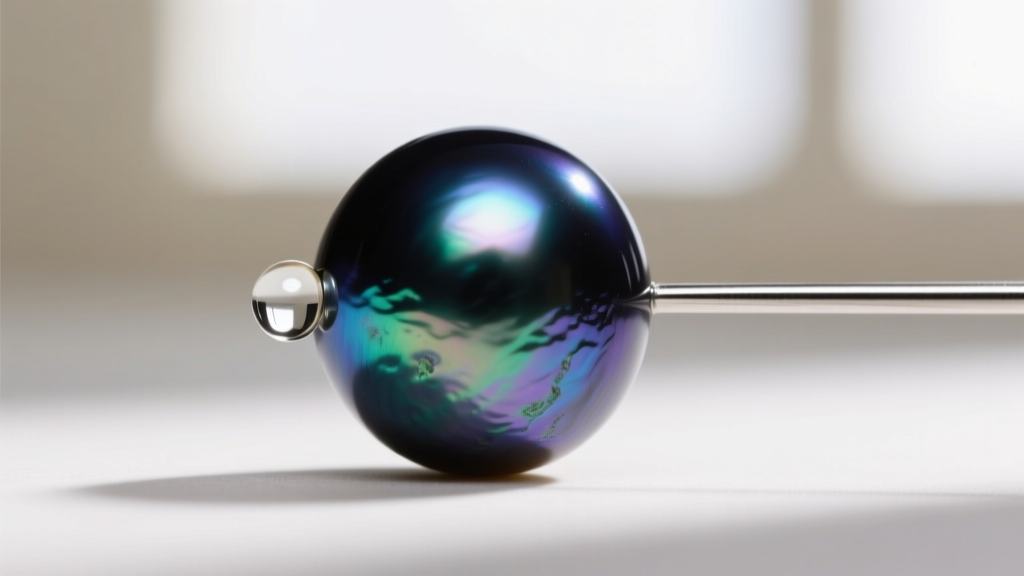 Side profile of a half-drilled 10mm Tahitian black pearl being aligned onto a 1mm silver peg with a small drop of jeweler's epoxy.