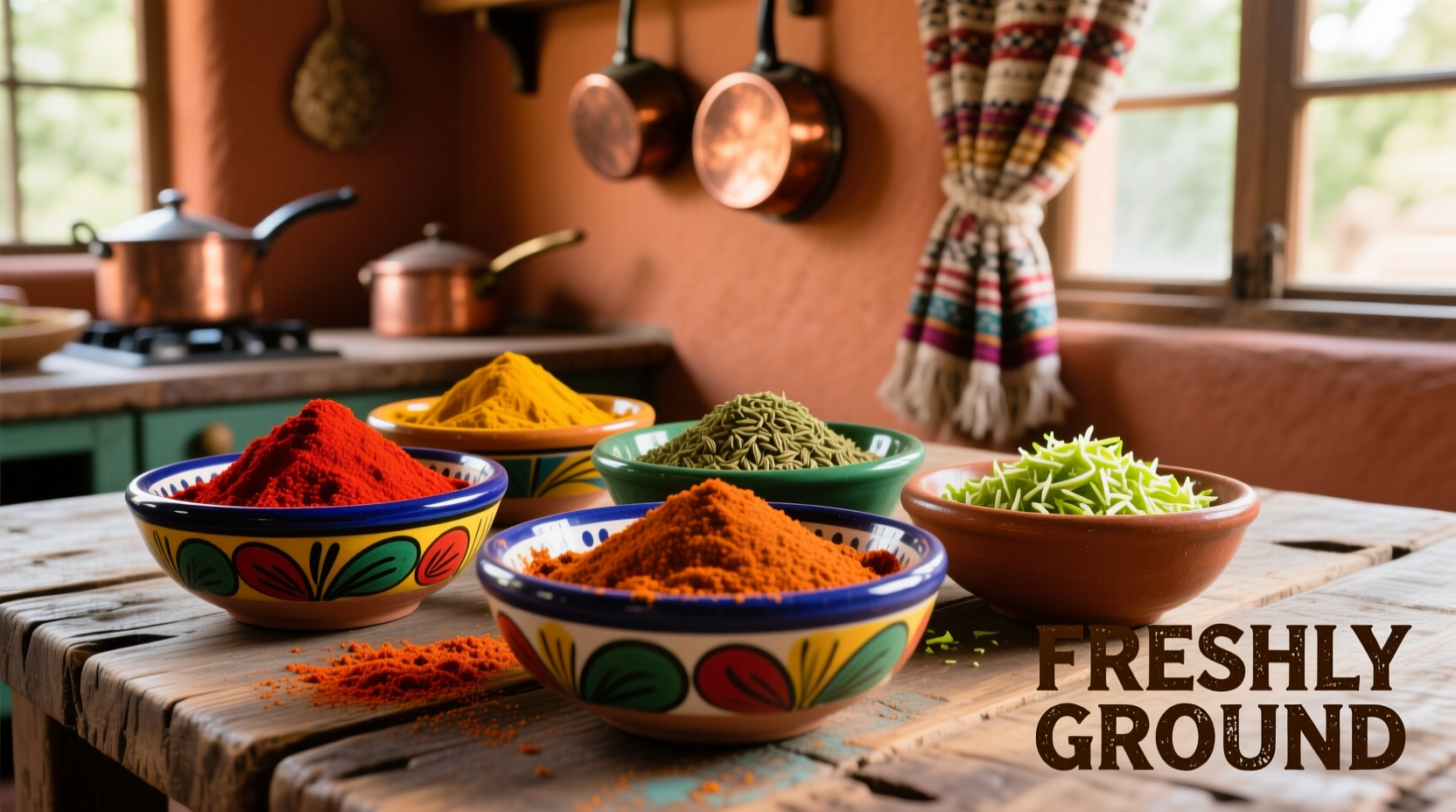 Freshly ground fajita spices in colorful bowls