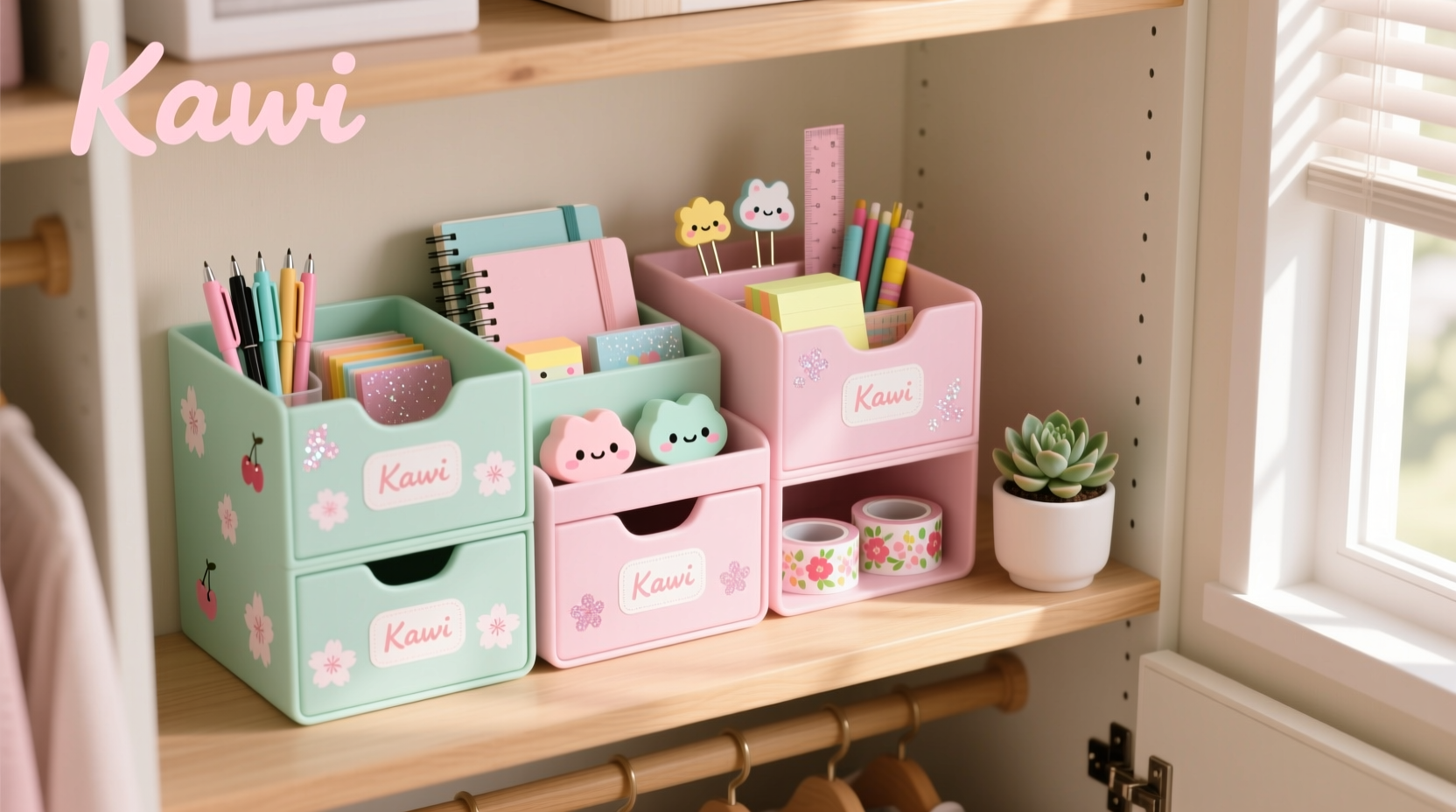closet organization with kawaii stationery storage