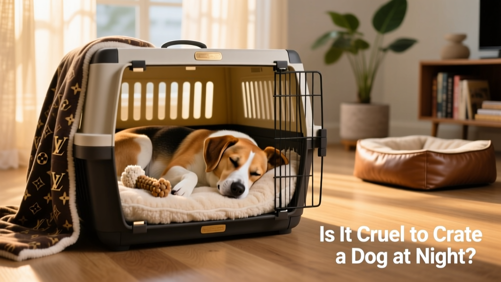 A relaxed, content dog sleeping comfortably inside a well-appointed crate with soft bedding and a chew toy