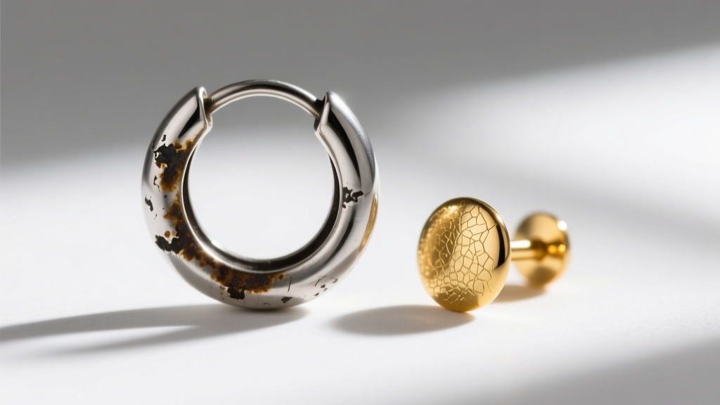 Macro shot of tarnished sterling silver huggie hoop earring next to polished 14k gold stud, highlighting metal oxidation contrast.