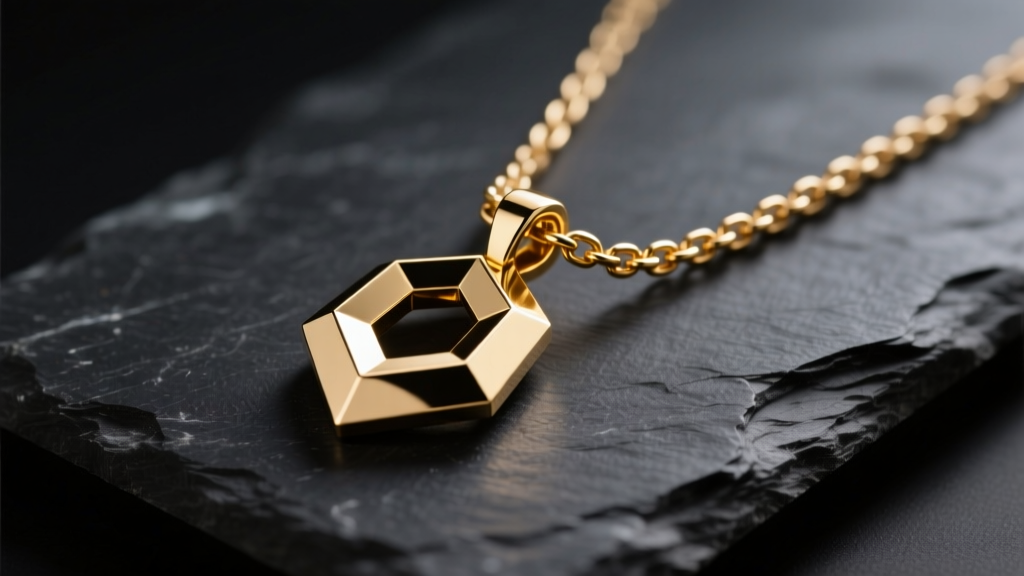 Macro shot of a gold-plated brass chain necklace with a geometric pendant on dark slate under soft, directional studio lighting.