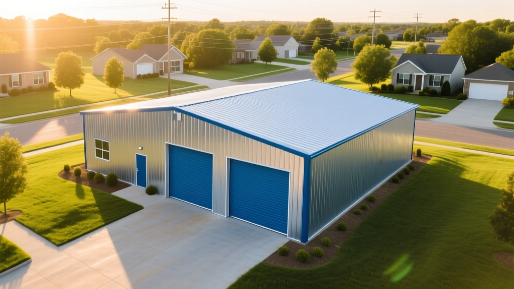 Aerial view of a newly constructed single-story pre-engineered metal self-storage facility with blue roll-up doors in a sunny suburban landscape