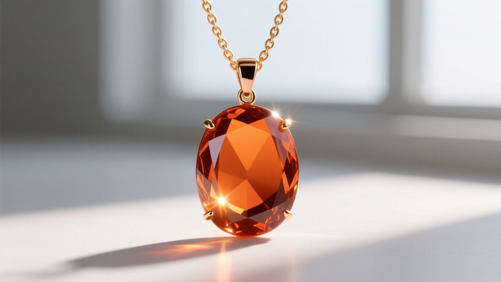 Polished carnelian cabochon pendant on an 18k rose gold chain, catching warm sunlight to reveal its deep translucent orange hue.