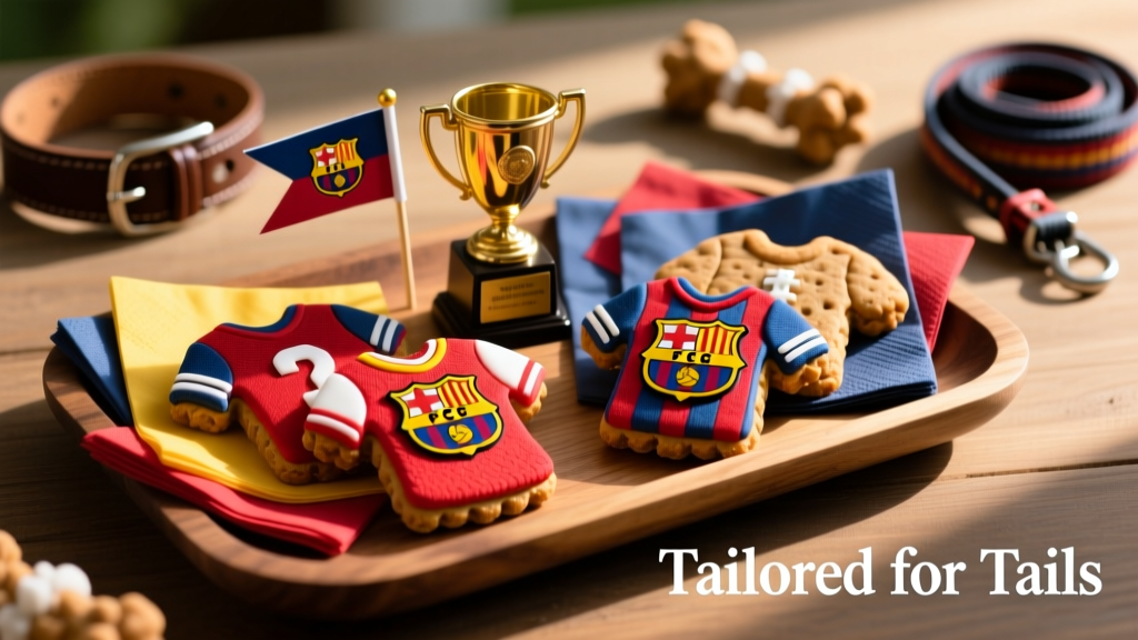 Homemade football jersey-shaped dog treats arranged on a festive platter with team-themed decor